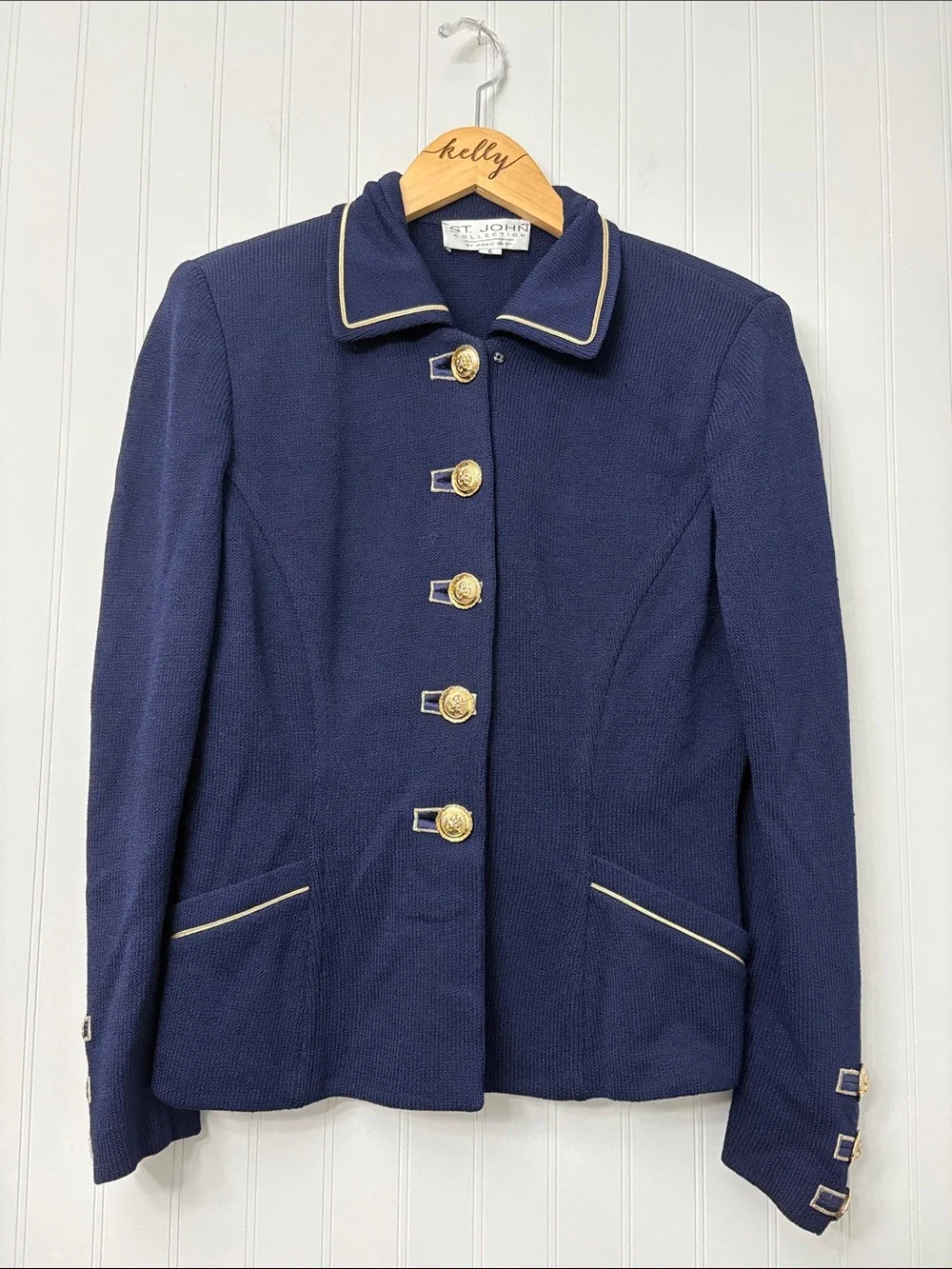 St. John Navy Blue and Gold Blazer and Skirt Suit Set Women Size 6